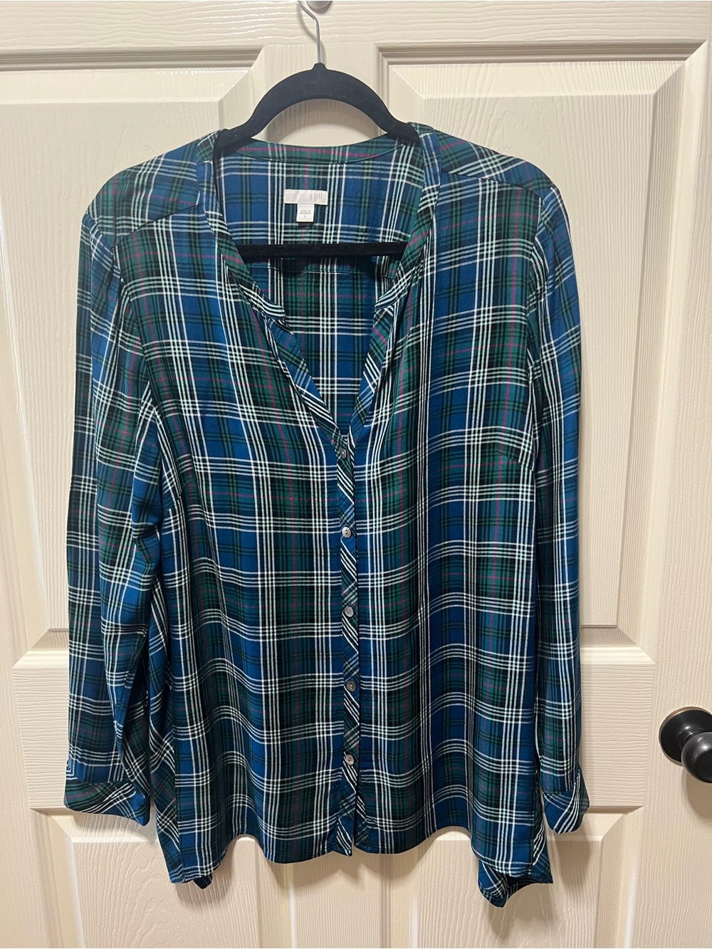J.Jill Plaid Button Front Tunic Blouse Size Large Blue Green Rayon - Picture 2 of 11
